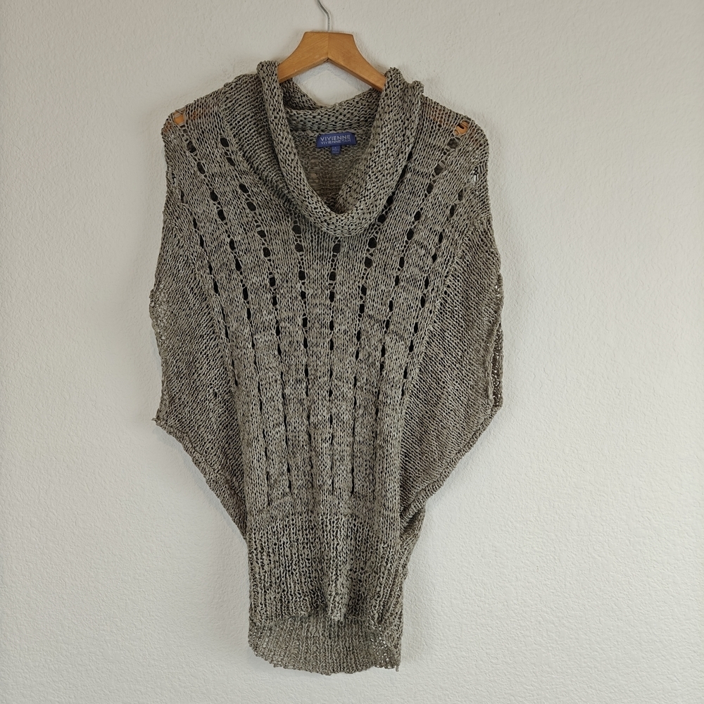 Vivienne Tam Open Knit Cowl Neck Tunic Sweater Top Taupe Boho Sleeveless L